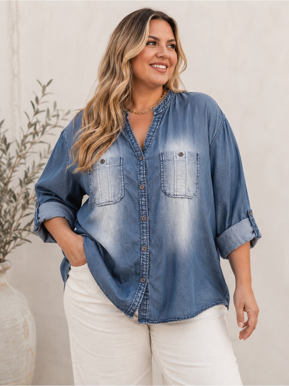 XL Chambray Oversized Button Down Shirt Zenana